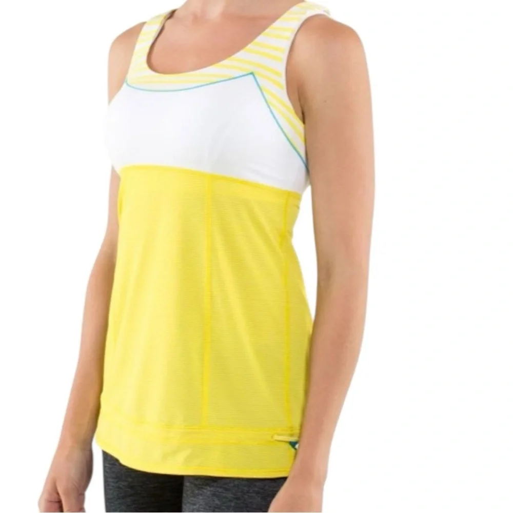 Lululemon Run Back on Track Tank Size 6 Yellow White Stripe Built In Bra Running
